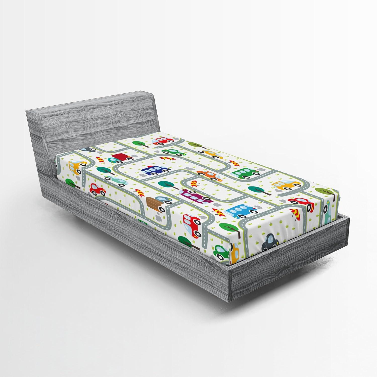 imageAmbesonne Cars Fitted Sheet Vibrant Drawing Cars Driving on The Roads Traffic Urban Themed Design Bed Cover with AllRound Elastic Deep Pocket for Comfort Full Size Grey GreenGrey Green