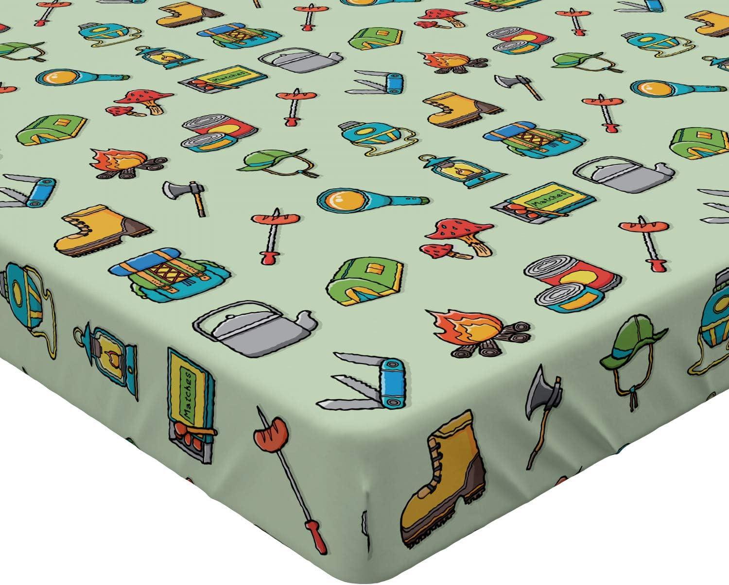 imageAmbesonne Colorful Fitted Sheet Camping Equipment Outdoor Activity Adventure in Nature Theme Bed Cover with AllRound Elastic Deep Pocket for Comfort Full Size Light GreenLight Green