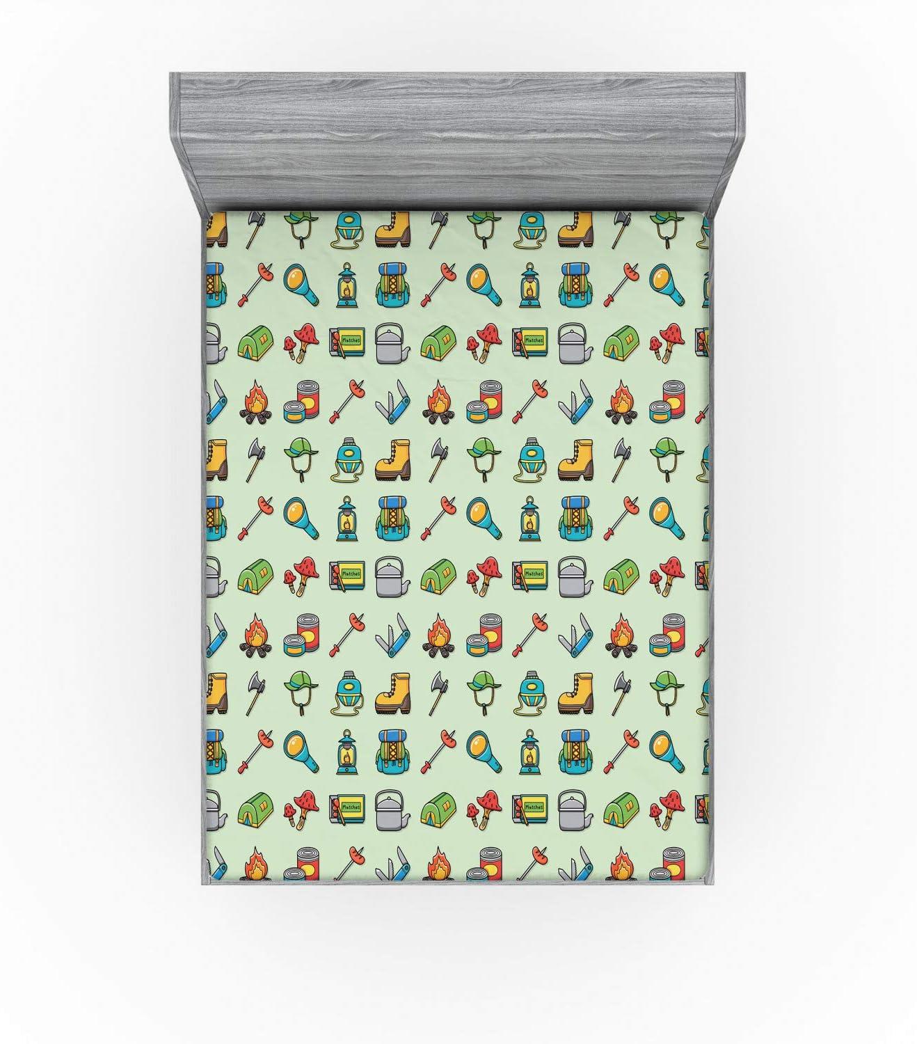 imageAmbesonne Colorful Fitted Sheet Camping Equipment Outdoor Activity Adventure in Nature Theme Bed Cover with AllRound Elastic Deep Pocket for Comfort Full Size Light GreenLight Green