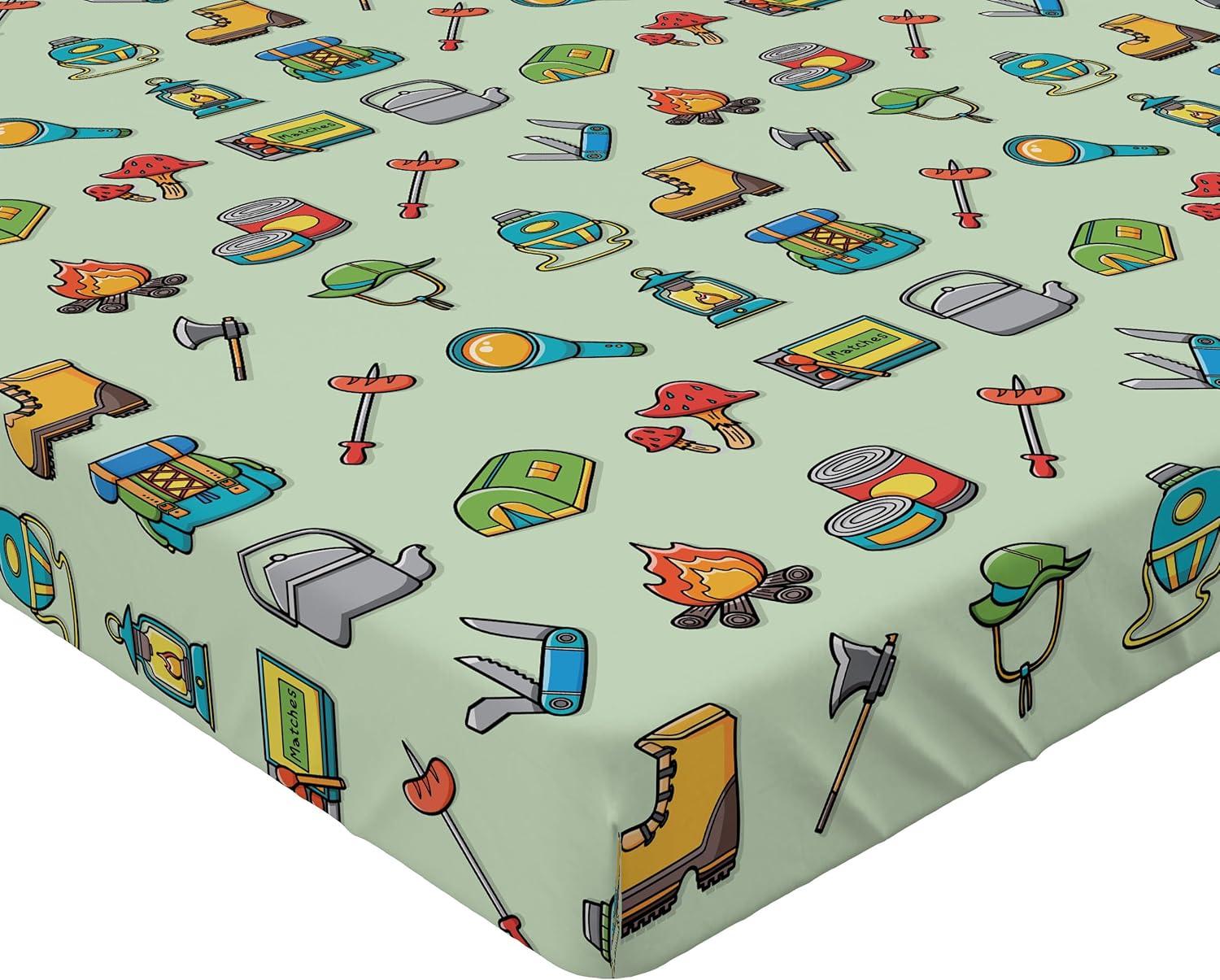 imageAmbesonne Colorful Fitted Sheet Camping Equipment Outdoor Activity Adventure in Nature Theme Bed Cover with AllRound Elastic Deep Pocket for Comfort Full Size Light GreenLight Green