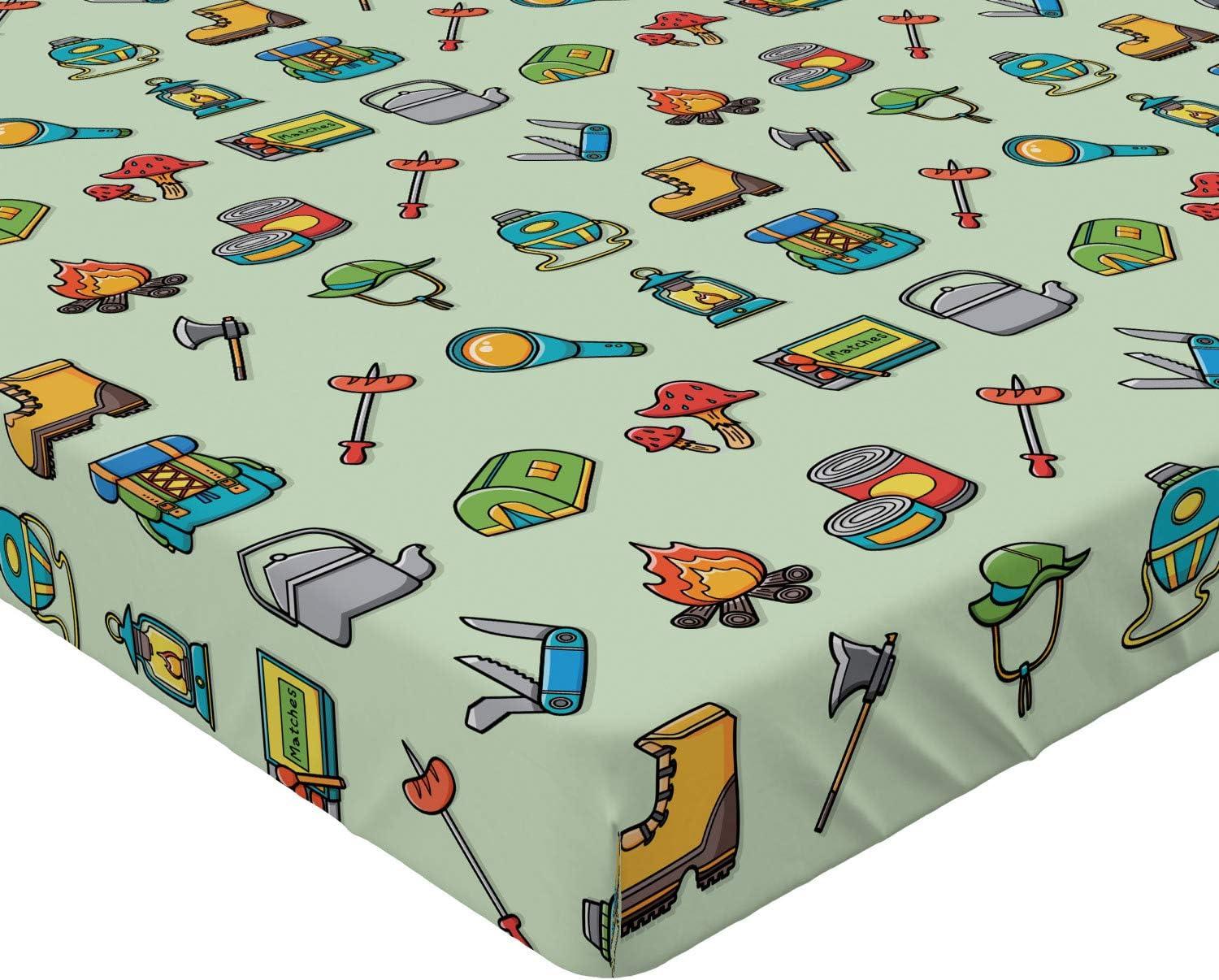 imageAmbesonne Colorful Fitted Sheet Camping Equipment Outdoor Activity Adventure in Nature Theme Bed Cover with AllRound Elastic Deep Pocket for Comfort Full Size Light GreenLight Green