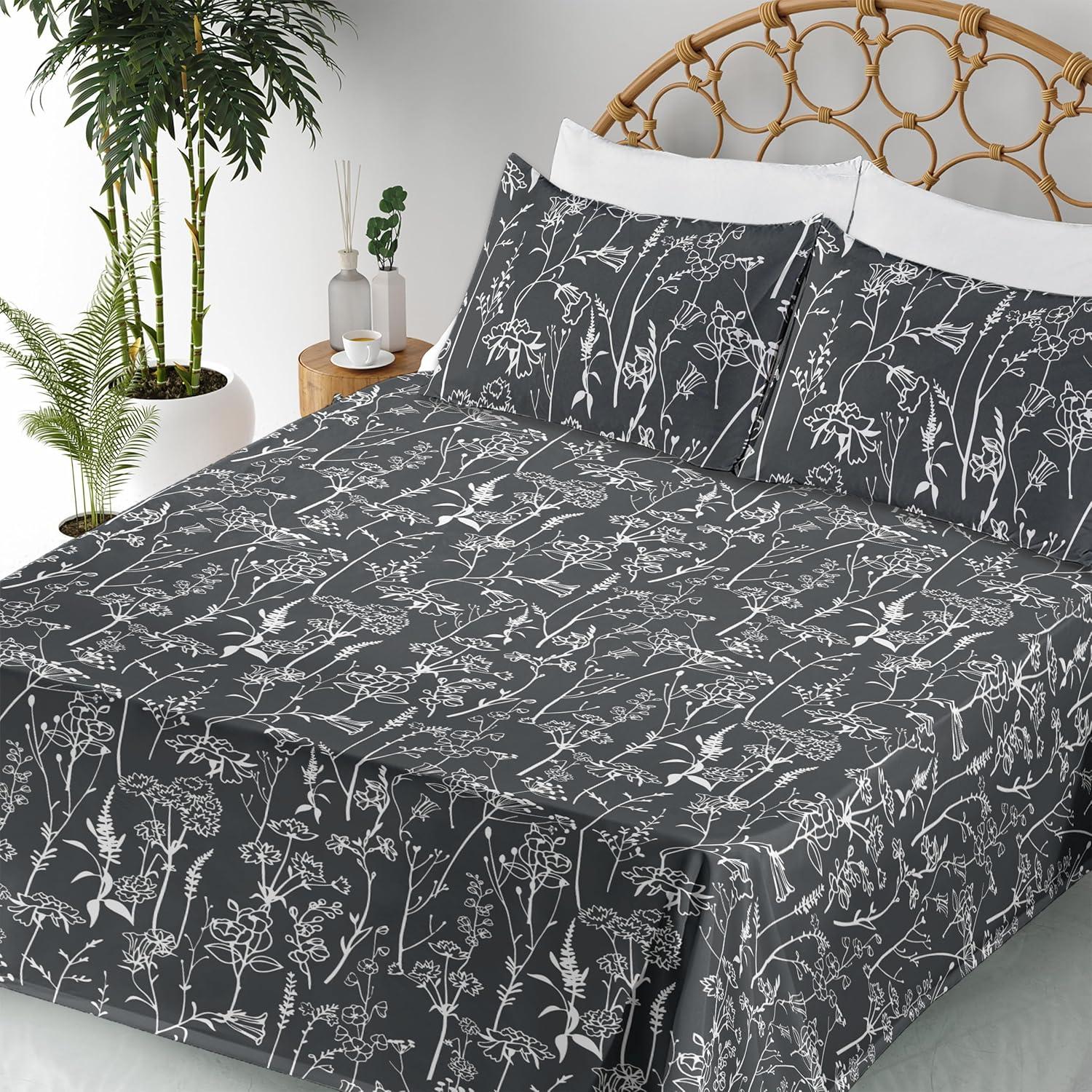 imageAmbesonne Tropical Sheet Set Neutral Colors Boho Silhouettes of Exotic Jungle Leaves Gothic Vibes Fitted and Flat Sheet with Pillowcases Bedding Accent 4 Piece Set Queen Charcoal Grey Pale GreyCharcoal White