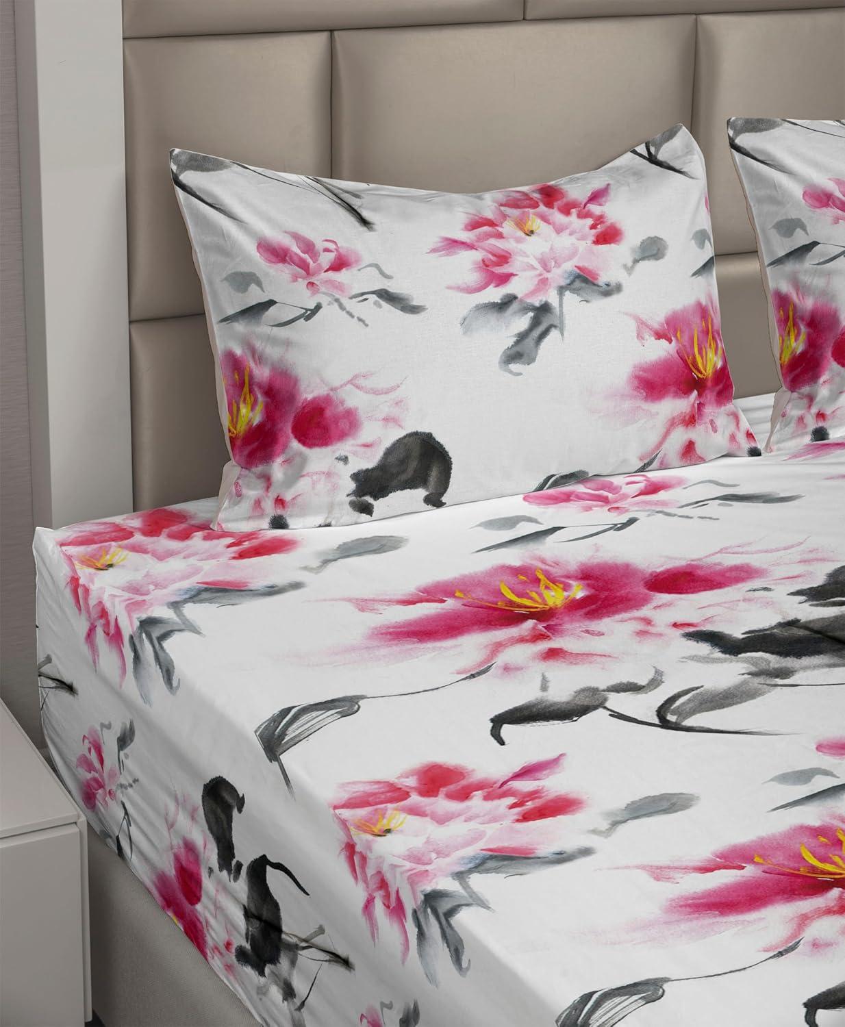 imageAmbesonne Tropical Sheet Set Neutral Colors Boho Silhouettes of Exotic Jungle Leaves Gothic Vibes Fitted and Flat Sheet with Pillowcases Bedding Accent 4 Piece Set Queen Charcoal Grey Pale GreyMagenta and Purpleblue