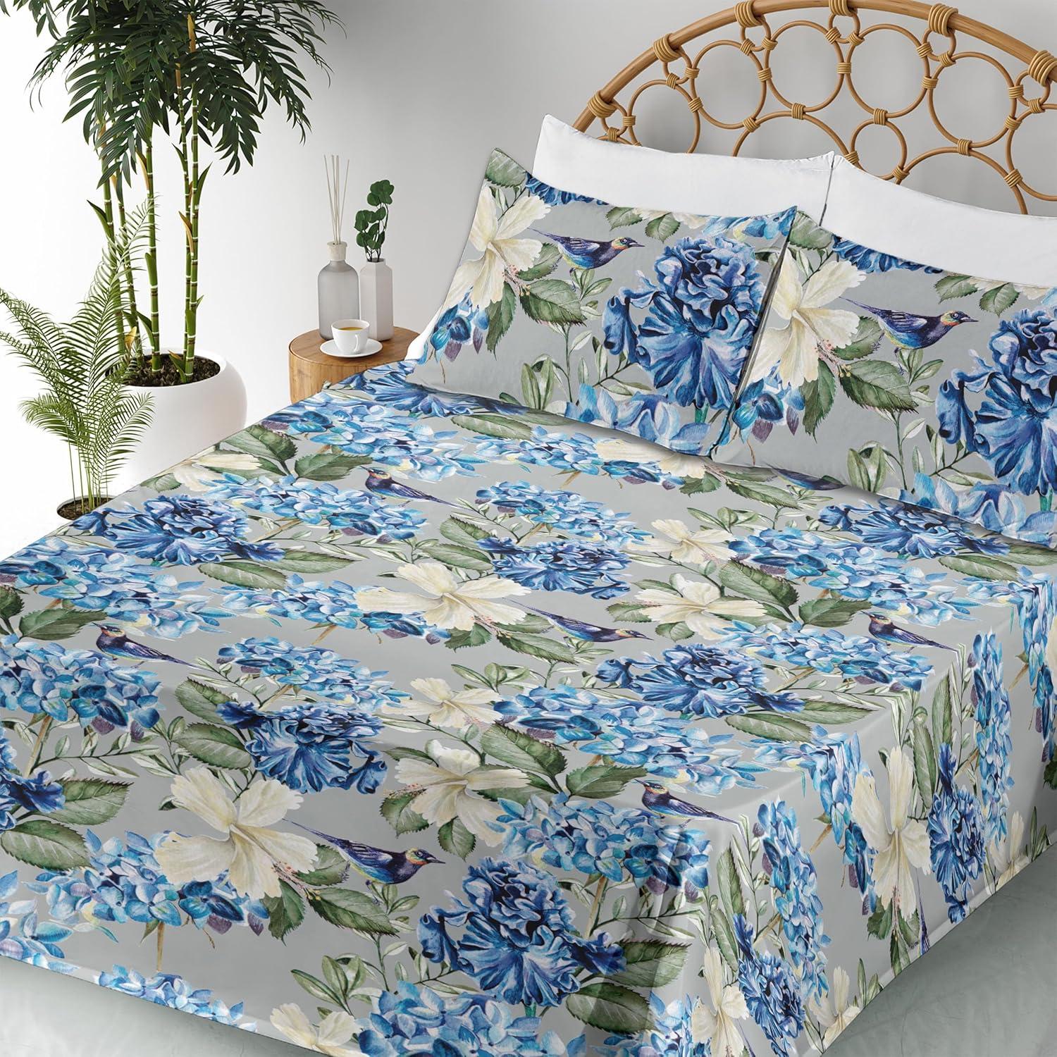 imageAmbesonne Tropical Sheet Set Neutral Colors Boho Silhouettes of Exotic Jungle Leaves Gothic Vibes Fitted and Flat Sheet with Pillowcases Bedding Accent 4 Piece Set Queen Charcoal Grey Pale GreyCobalt Blue Peacock Green