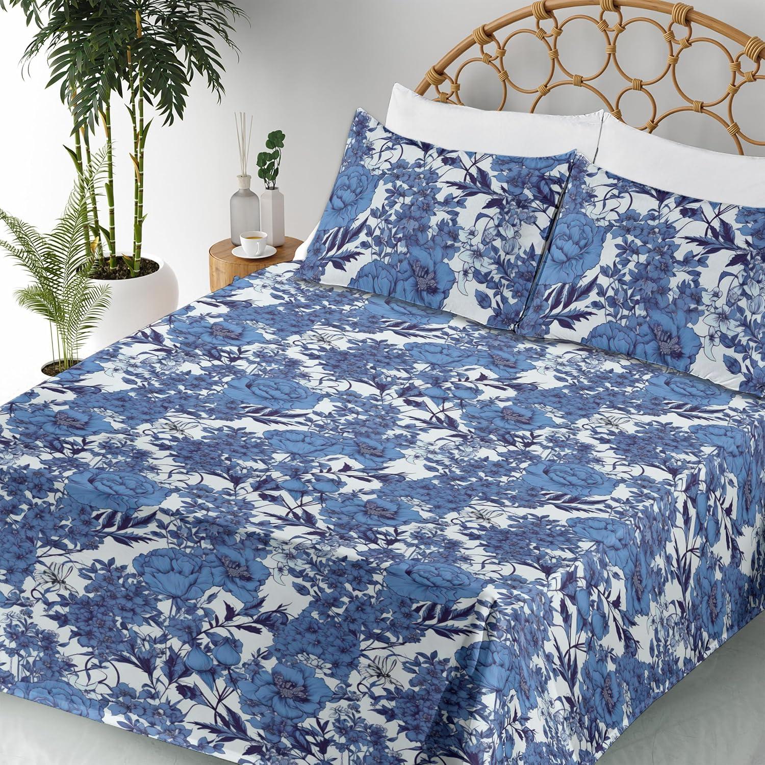imageAmbesonne Tropical Sheet Set Neutral Colors Boho Silhouettes of Exotic Jungle Leaves Gothic Vibes Fitted and Flat Sheet with Pillowcases Bedding Accent 4 Piece Set Queen Charcoal Grey Pale GreyDark Ceil Blue and Soft Blue