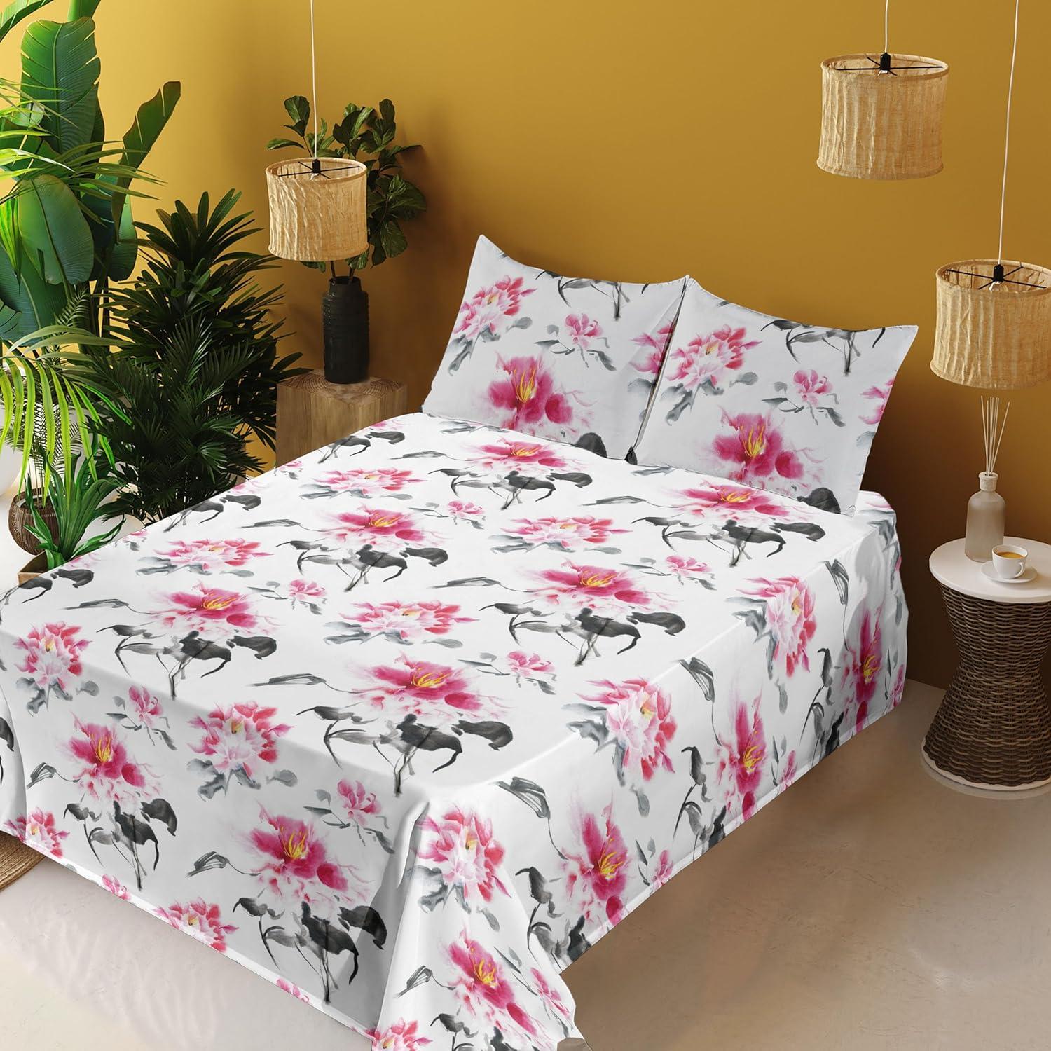 imageAmbesonne Tropical Sheet Set Neutral Colors Boho Silhouettes of Exotic Jungle Leaves Gothic Vibes Fitted and Flat Sheet with Pillowcases Bedding Accent 4 Piece Set Queen Charcoal Grey Pale GreyMagenta and Purpleblue