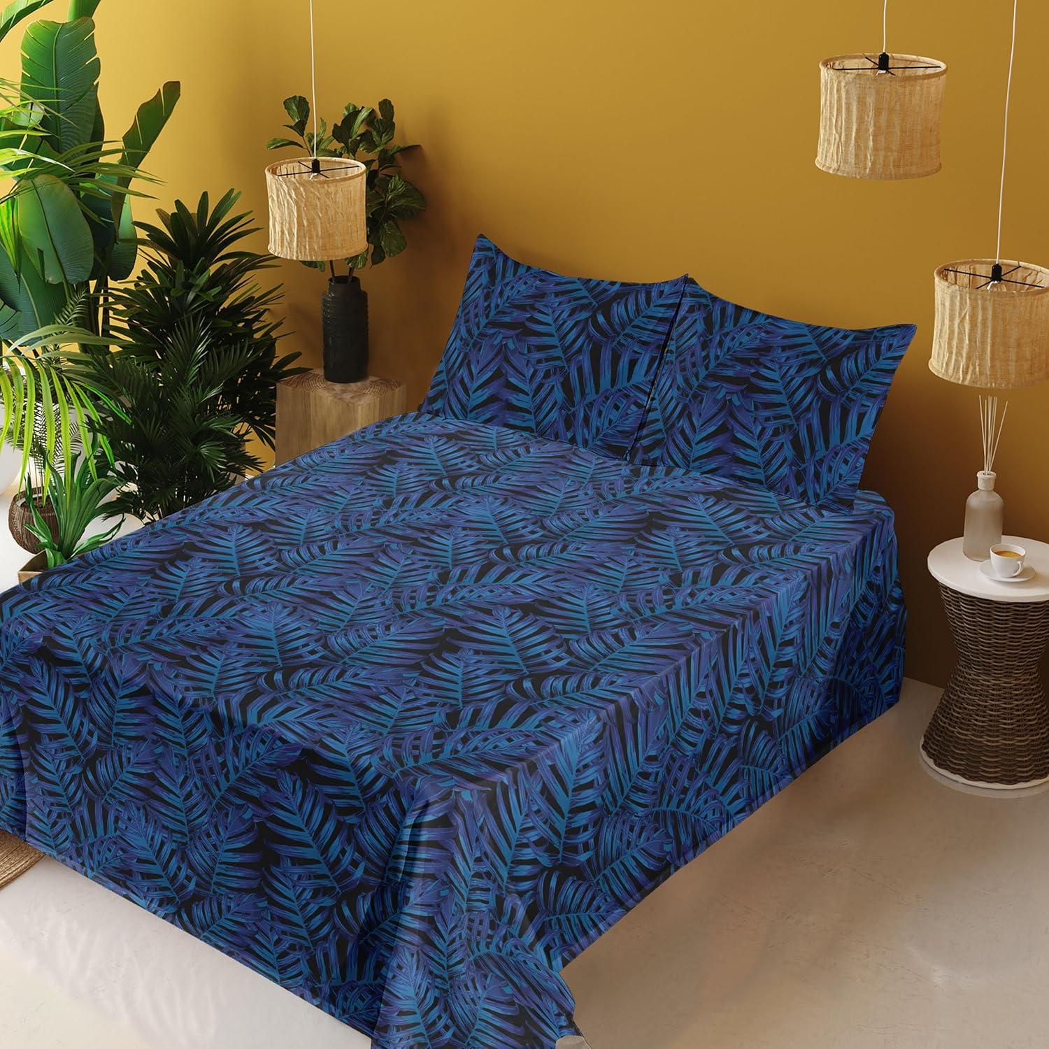 imageAmbesonne Tropical Sheet Set Neutral Colors Boho Silhouettes of Exotic Jungle Leaves Gothic Vibes Fitted and Flat Sheet with Pillowcases Bedding Accent 4 Piece Set Queen Charcoal Grey Pale GreyDark Blue Sea Blue