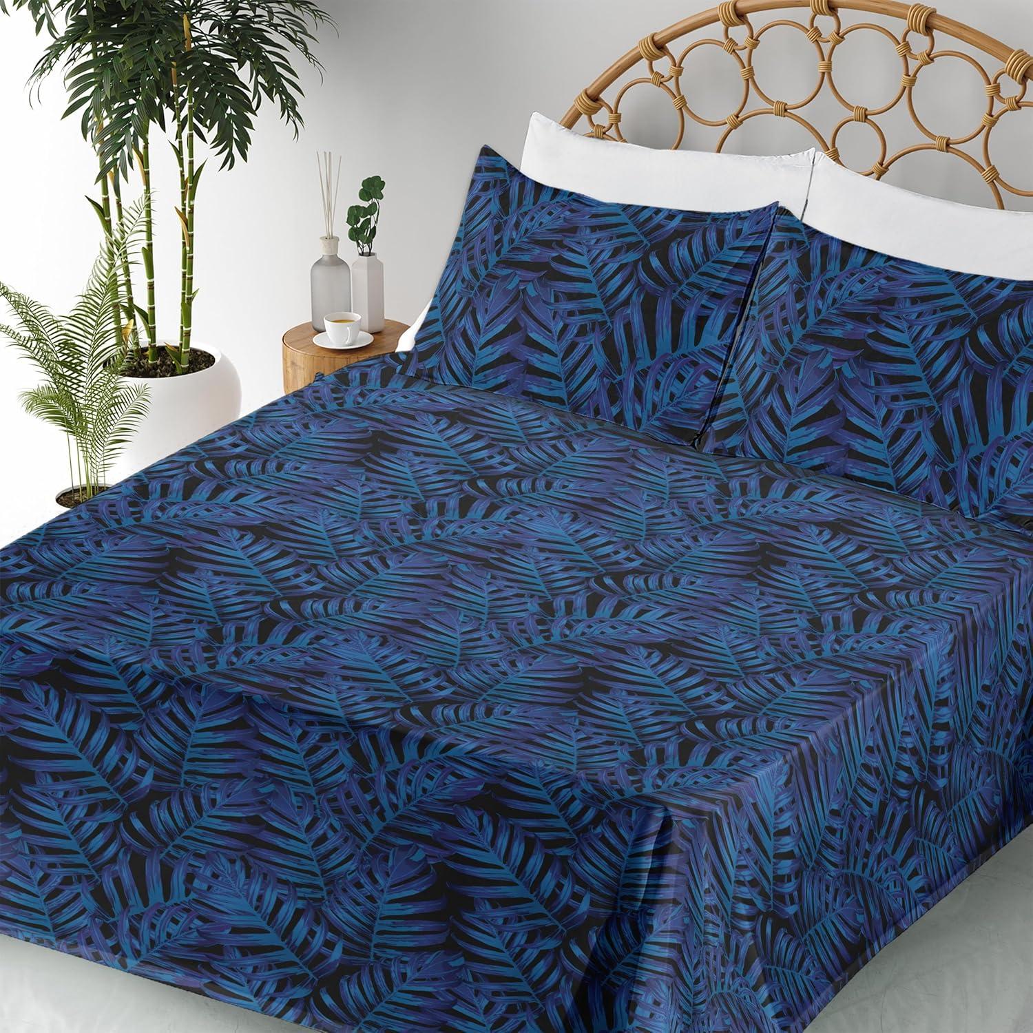 imageAmbesonne Tropical Sheet Set Neutral Colors Boho Silhouettes of Exotic Jungle Leaves Gothic Vibes Fitted and Flat Sheet with Pillowcases Bedding Accent 4 Piece Set Queen Charcoal Grey Pale GreyDark Blue Sea Blue