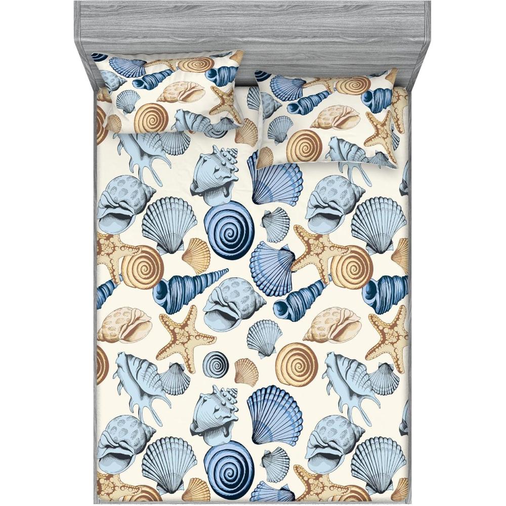 imageAmbesonne Seashells Fitted Sheet amp Pillow Sham Set Earthy Tones Nautical Concept Pattern of Starfish and Shell Neutral Decorative Printed 3 Piece Bedding Decor Set Queen Eggshell Beige MustardSea Blue Eggshell Beige