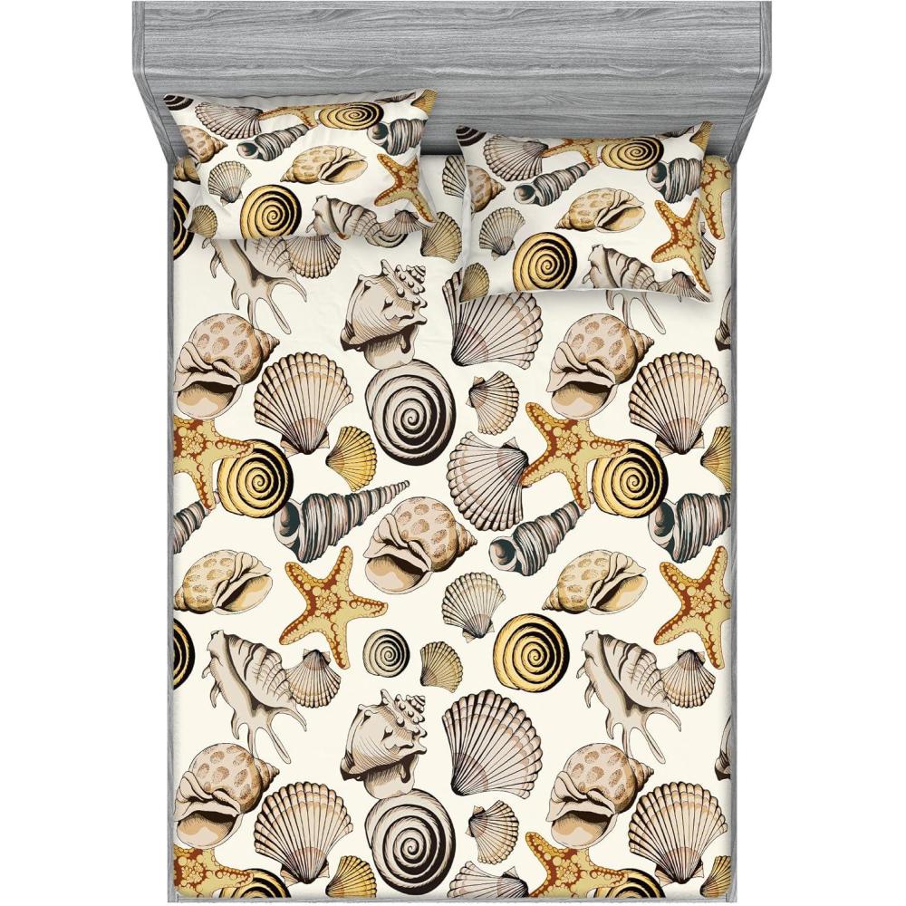 imageAmbesonne Seashells Fitted Sheet amp Pillow Sham Set Earthy Tones Nautical Concept Pattern of Starfish and Shell Neutral Decorative Printed 3 Piece Bedding Decor Set Queen Eggshell Beige MustardEggshell Beige Mustard