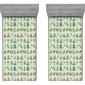 Ambesonne Colorful Fitted Sheet, Camping Equipment Outdoor Activity Adventure in Nature Theme, Bed Cover with All-Round Elastic Deep Pocket for Comfort, Full Size, Light Green(Light Green)