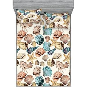 Ambesonne Seashells Fitted Sheet & Pillow Sham Set, Earthy Tones Nautical Concept Pattern of Starfish and Shell Neutral, Decorative Printed 3 Piece Bedding Decor Set, Queen, Eggshell Beige Mustard(Eggshell Pale Blue Peach)