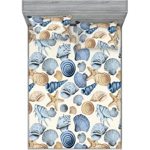 Ambesonne Seashells Fitted Sheet & Pillow Sham Set, Earthy Tones Nautical Concept Pattern of Starfish and Shell Neutral, Decorative Printed 3 Piece Bedding Decor Set, Queen, Eggshell Beige Mustard(Sea Blue Eggshell Beige)