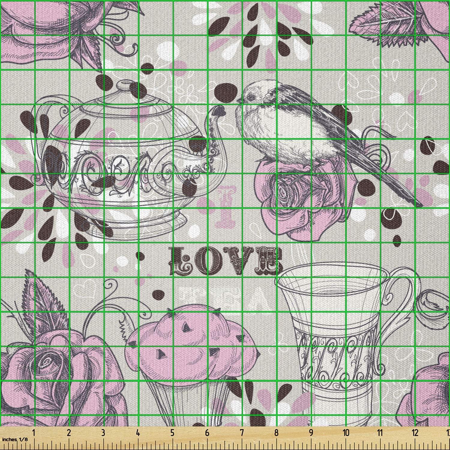 imageAmbesonne Tea Party Fabric by The Yard Ornate Teacup and Pot with Romantic Roses Birds Valentines Day Themed Image Stretch Knit Fabric for Clothing Sewing and Arts Crafts 10 Yards Pale Pink Dust