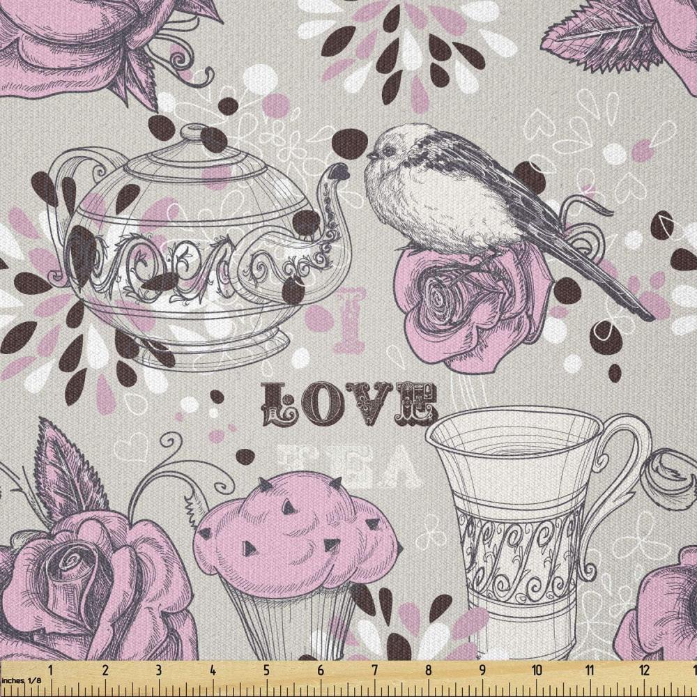 imageAmbesonne Tea Party Fabric by The Yard Ornate Teacup and Pot with Romantic Roses Birds Valentines Day Themed Image Stretch Knit Fabric for Clothing Sewing and Arts Crafts 2 Yards Pale Pink Dust