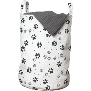 Ambesonne Paw Print Laundry Bag, Repeating Greyscale Dog and Cat Feet Pattern with Irregular Dots, Hamper Basket with Handles Drawstring Closure for Laundromats, 13″ x 19″, Grey Charcoal Grey White