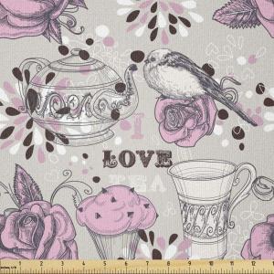 Ambesonne Tea Party Fabric by The Yard, Ornate Teacup and Pot with Romantic Roses Birds Valentines Day Themed Image, Stretch Knit Fabric for Clothing Sewing and Arts Crafts, 2 Yards, Pale Pink Dust
