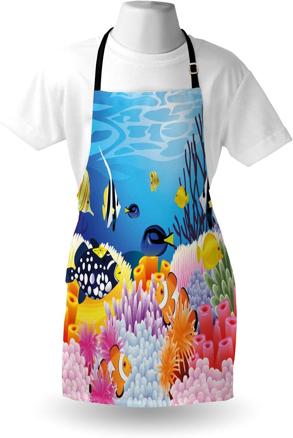 imageAmbesonne Fish Apron Water Life Different Kind of Fishes Coral Reefs and Sponges Theme Unisex Kitchen Bib with Adjustable Neck for Cooking Gardening Adult Size Blue Orange