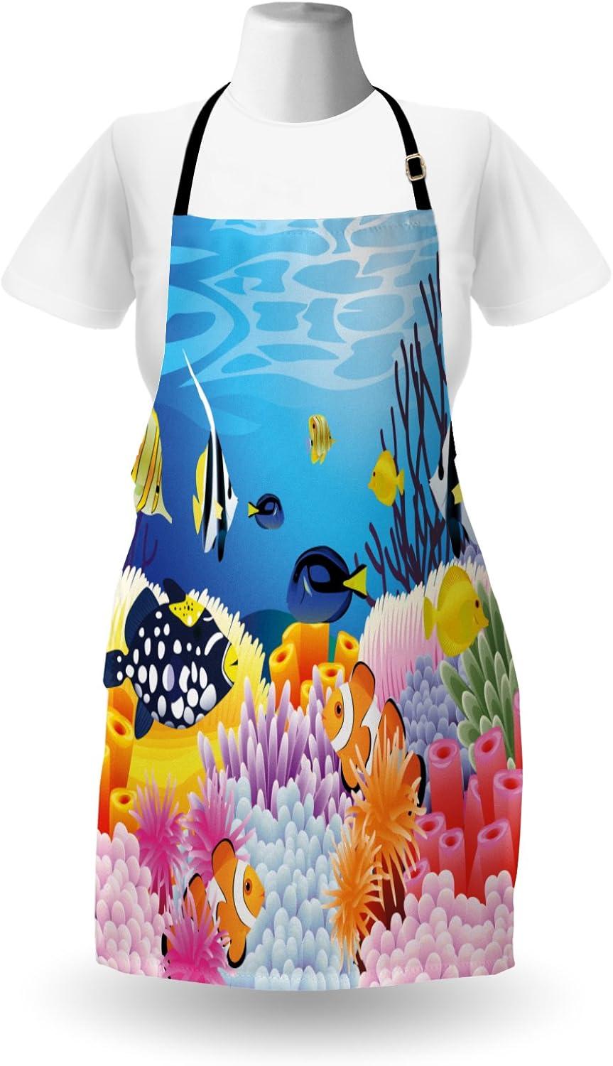 imageAmbesonne Fish Apron Water Life Different Kind of Fishes Coral Reefs and Sponges Theme Unisex Kitchen Bib with Adjustable Neck for Cooking Gardening Adult Size Blue Orange