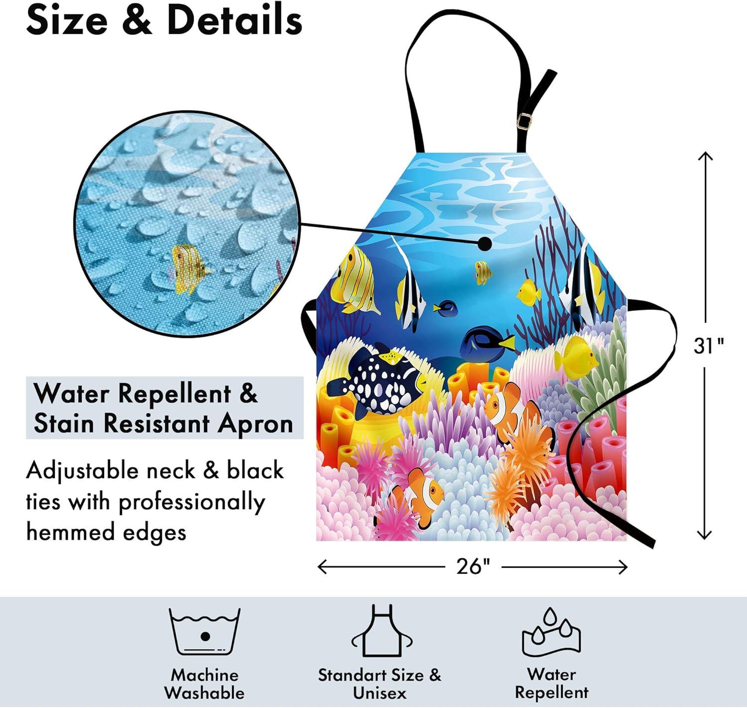 imageAmbesonne Fish Apron Water Life Different Kind of Fishes Coral Reefs and Sponges Theme Unisex Kitchen Bib with Adjustable Neck for Cooking Gardening Adult Size Blue Orange