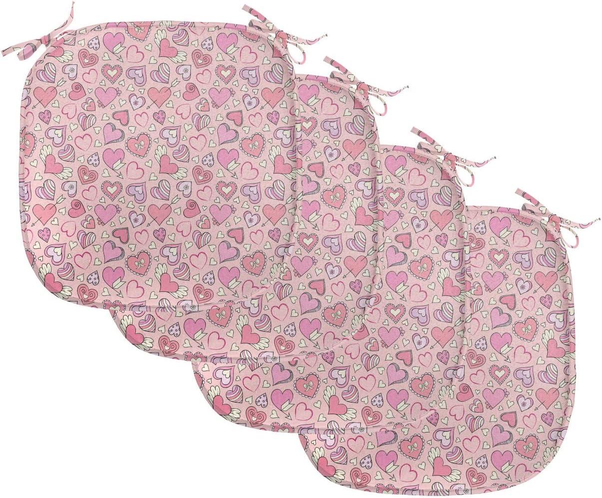 imageAmbesonne Love Chair Seating Cushion Set of 4 Hipster Hearts Pattern with Love You Texts Heart Shapes Valentines Day Theme AntiSlip Seat Padding for Kitchen amp Patio 16x16 Vermilion MulticolorCoral Pink Pale Yellow