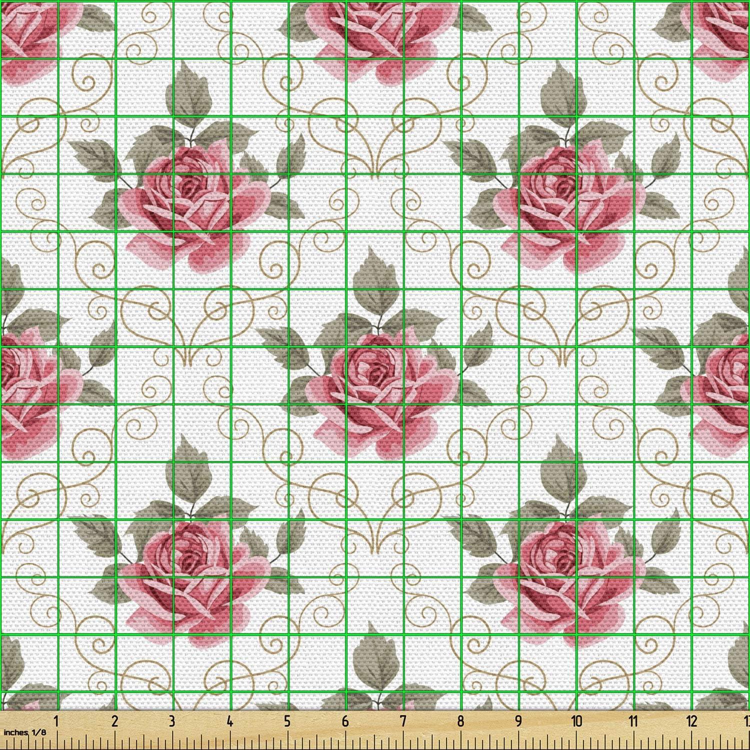 imageAmbesonne Paris Fabric by The Yard Valentines Day Theme with Eiffel Kissing Couple Hot Air Balloon Wedding Concept Decorative Fabric for Upholstery and Home Accents 2 Yards Pink RoseGreen Pink