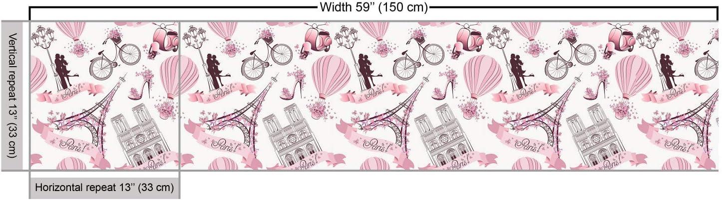 imageAmbesonne Paris Fabric by The Yard Valentines Day Theme with Eiffel Kissing Couple Hot Air Balloon Wedding Concept Decorative Fabric for Upholstery and Home Accents 2 Yards Pink RosePink Rose
