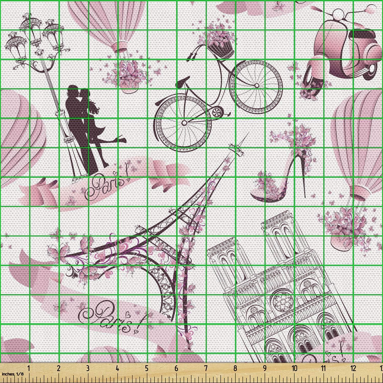 imageAmbesonne Paris Fabric by The Yard Valentines Day Theme with Eiffel Kissing Couple Hot Air Balloon Wedding Concept Decorative Fabric for Upholstery and Home Accents 2 Yards Pink RosePink Rose