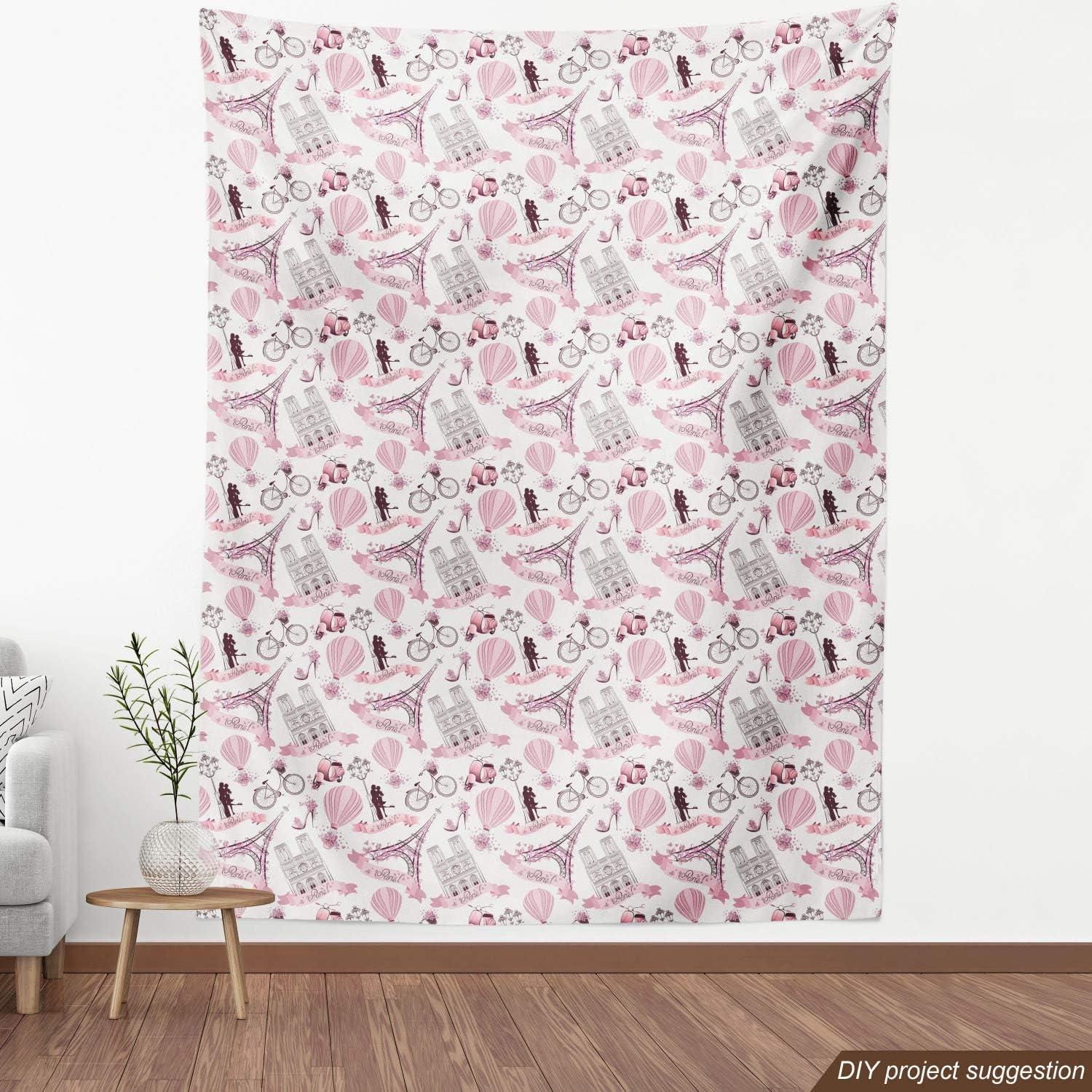imageAmbesonne Paris Fabric by The Yard Valentines Day Theme with Eiffel Kissing Couple Hot Air Balloon Wedding Concept Decorative Fabric for Upholstery and Home Accents 2 Yards Pink RosePink Rose