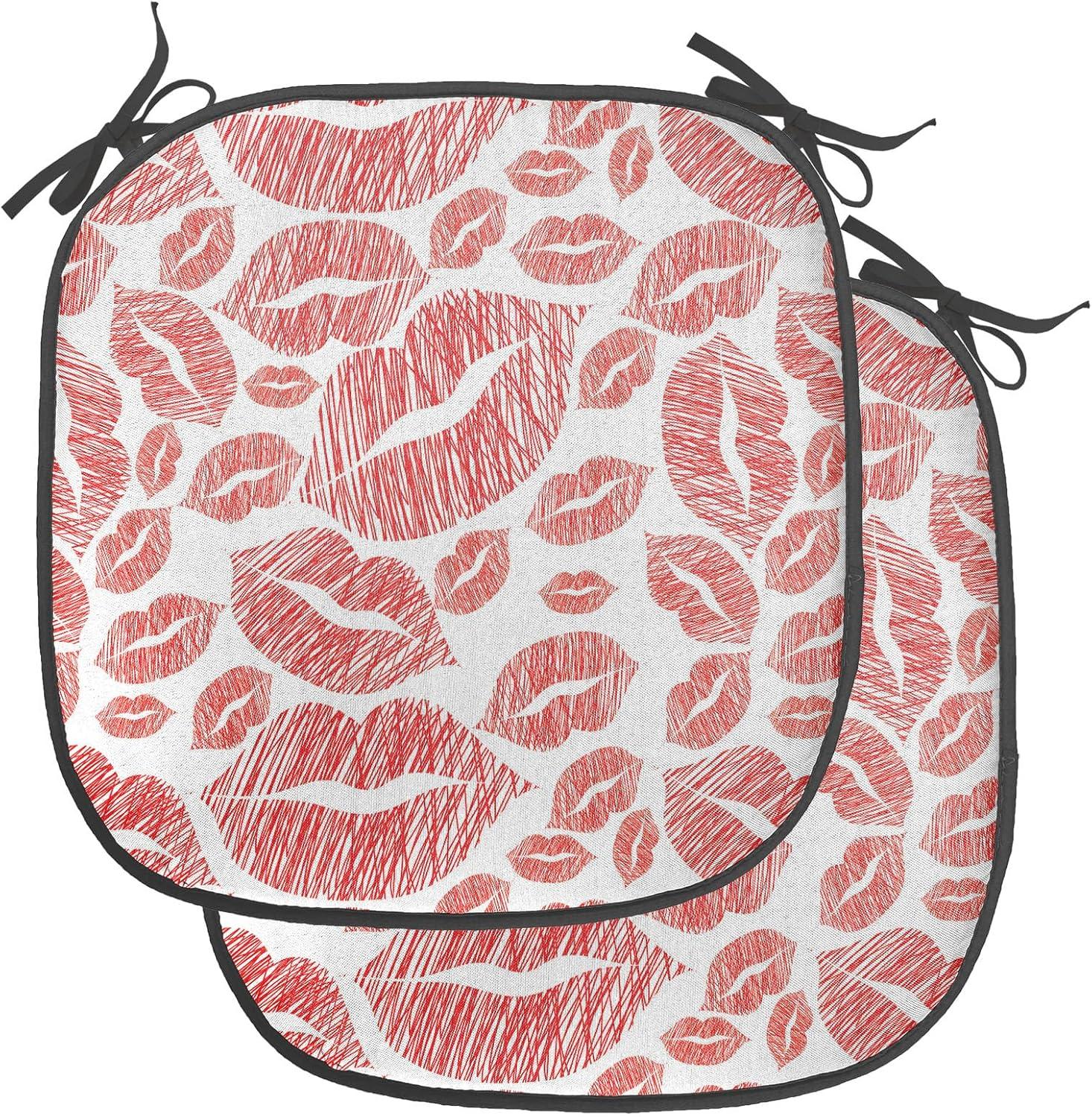 imageAmbesonne Romantic Chair Seating Cushion Set of 8 Soft Colored Hearts in Love Valentines Day Repetitive Pattern AntiSlip Seat Padding for Kitchen amp Patio 16x16 Pale Yellow Pale PinkVermilion and White