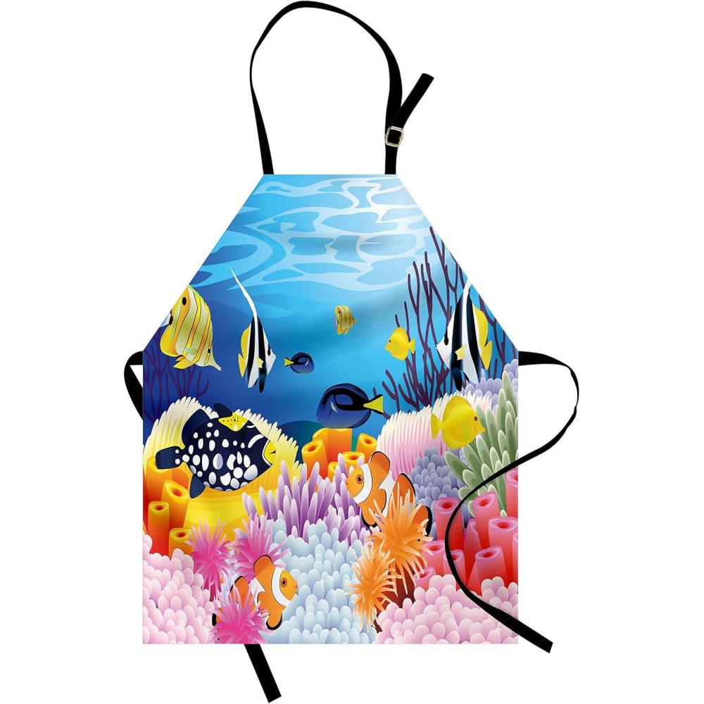imageAmbesonne Fish Apron Water Life Different Kind of Fishes Coral Reefs and Sponges Theme Unisex Kitchen Bib with Adjustable Neck for Cooking Gardening Adult Size Blue Orange