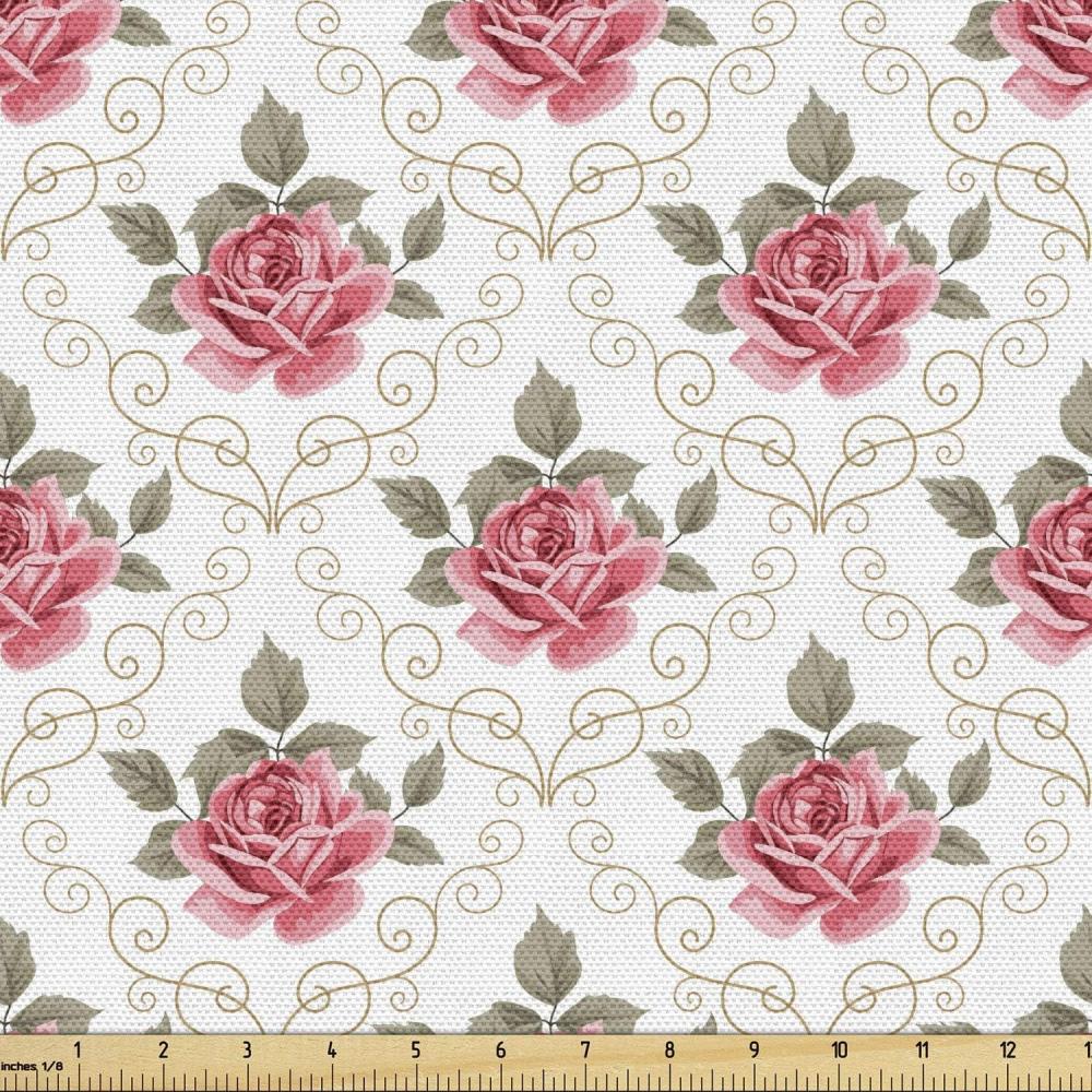 imageAmbesonne Paris Fabric by The Yard Valentines Day Theme with Eiffel Kissing Couple Hot Air Balloon Wedding Concept Decorative Fabric for Upholstery and Home Accents 2 Yards Pink RoseGreen Pink