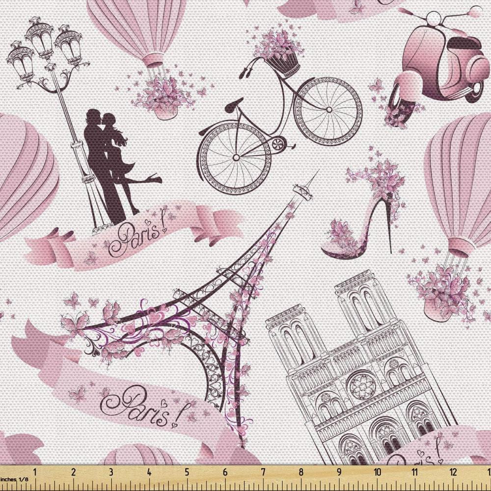 imageAmbesonne Paris Fabric by The Yard Valentines Day Theme with Eiffel Kissing Couple Hot Air Balloon Wedding Concept Decorative Fabric for Upholstery and Home Accents 2 Yards Pink RosePink Rose