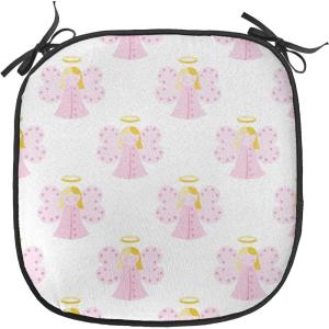 Ambesonne Angel Chair Seating Cushion Set of 2, Medieval Marry Love Angel Playing Music Valentine Cupid Date Dove Marriage, Anti-Slip Seat Padding for Kitchen & Patio, 16″x16″, Eggshell Ruby Caramel(Earth Yellow Pale Pink)