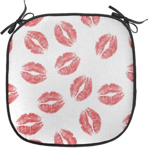 Ambesonne Feminine Chair Seating Cushion Set of 4, Pattern of Lipstick Kiss Marks Woman Valentines Wedding Theme Illustration, Anti-Slip Seat Padding for Kitchen & Patio, 16″x16″, White Red(White Red)