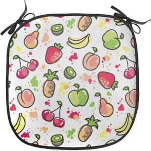 Ambesonne Fruits Chair Seating Cushion Set of 8, Retro Valentine Theme with Strawberry Love Happiness Merry Lucky Image, Anti-Slip Seat Padding for Kitchen & Patio, 16″x16″, Eggshell Ruby Army Green(Peach Lime Green Red)