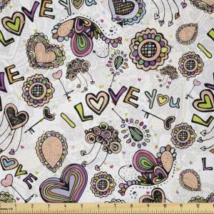 Ambesonne Romantic Fabric by The Yard, Valentines Day Love You Calligraphy with Hearts Pastel Colored Design, Microfiber Fabric for Arts and Crafts Textiles & Decor, 2 Yards, Pink Teal(Cream Pink)