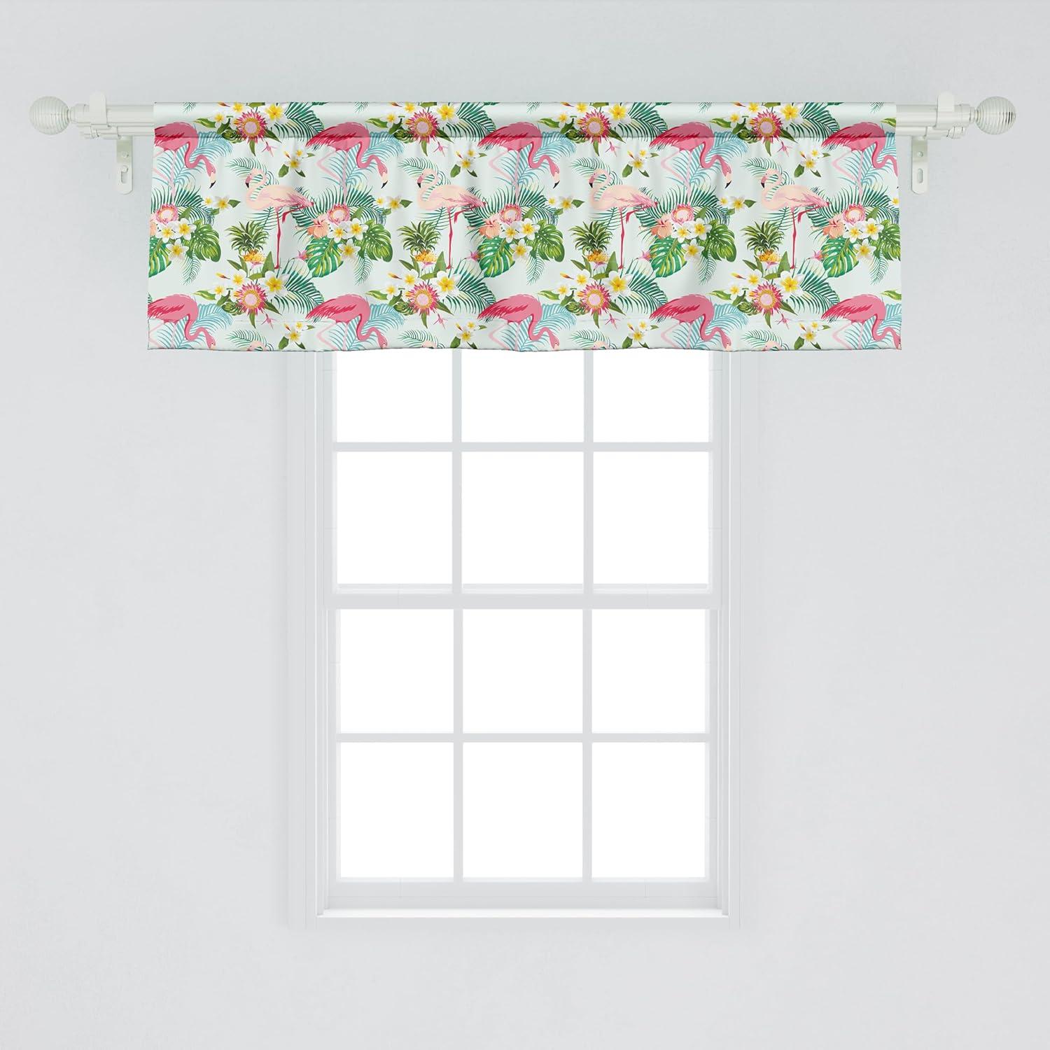 imageAmbesonne Flamingo Window Valance Fresh Exotic Jungle Rainforest Island Climate Wildlife Fauna Leaves and Blossoms Curtain Valance for Kitchen Bedroom Decor with Rod Pocket 54 X 18 Pink Green