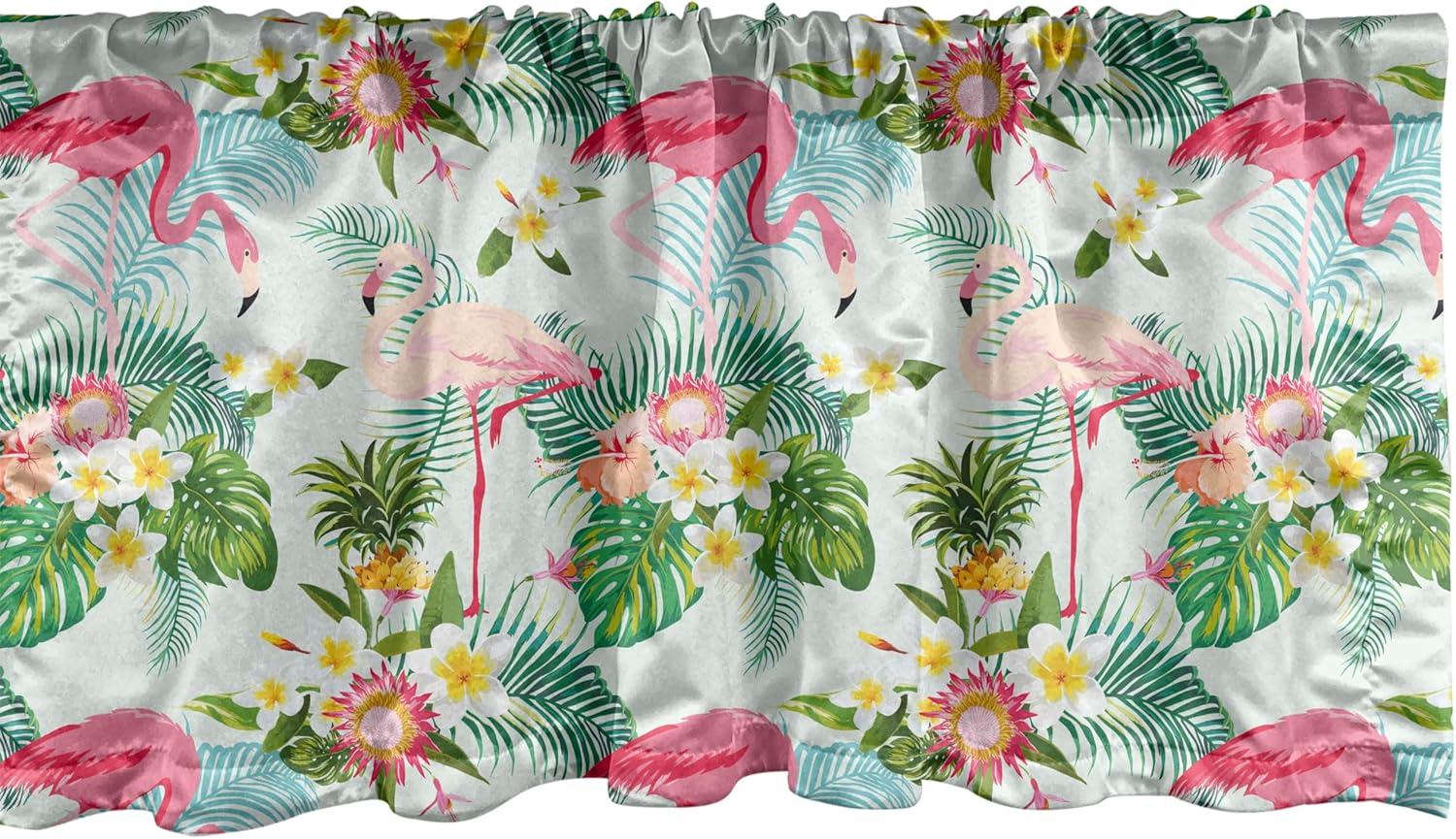 imageAmbesonne Flamingo Window Valance Fresh Exotic Jungle Rainforest Island Climate Wildlife Fauna Leaves and Blossoms Curtain Valance for Kitchen Bedroom Decor with Rod Pocket 54 X 18 Pink Green