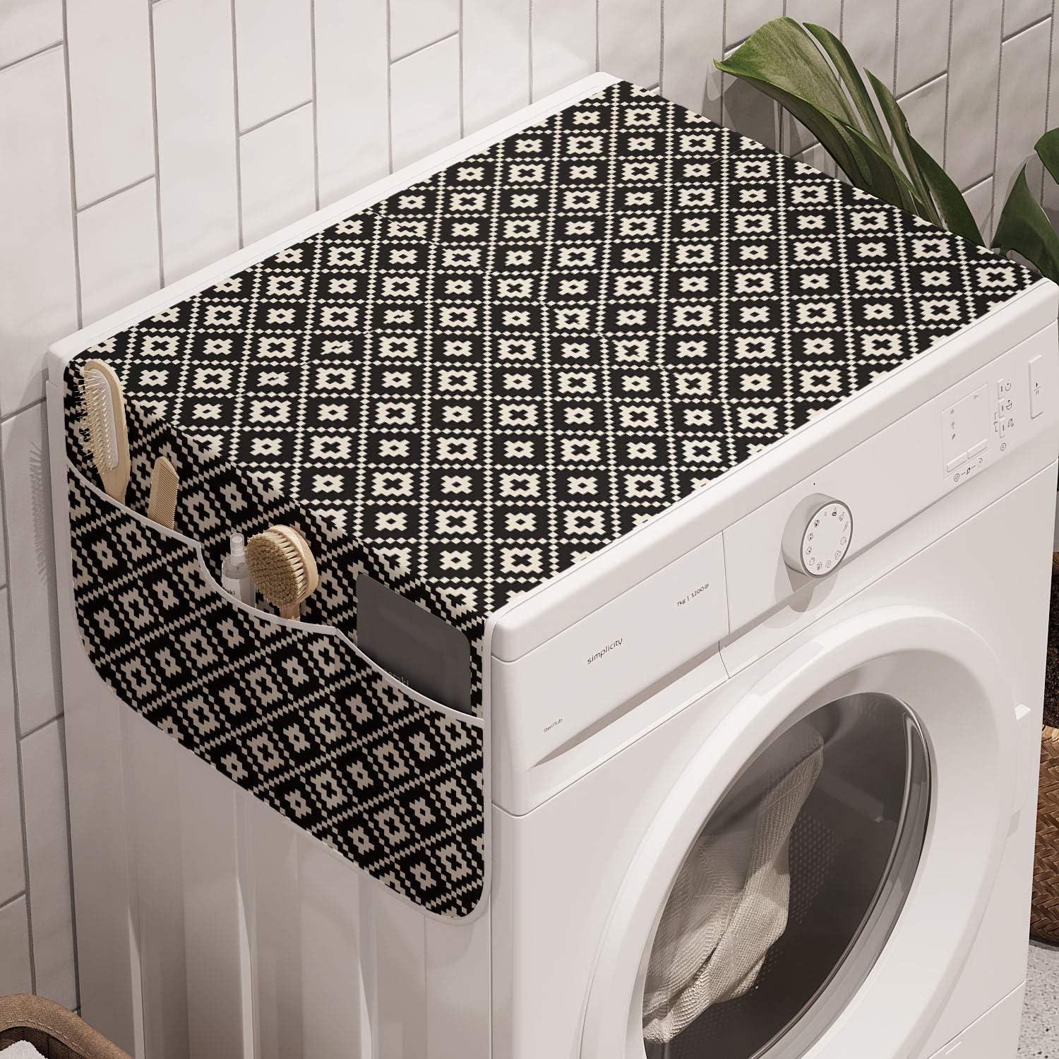 imageAmbesonne Romantic Microwave Oven Cover Geometric Horizontal Oval Rows Drawn Along Little Hearts Valentines Water Resistant Organizer with Pockets for Kitchen 36 x 12 Almond Green and WhiteBlack and Eggshell