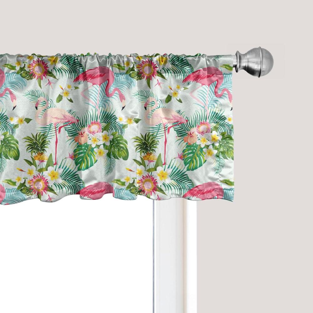 imageAmbesonne Flamingo Window Valance Fresh Exotic Jungle Rainforest Island Climate Wildlife Fauna Leaves and Blossoms Curtain Valance for Kitchen Bedroom Decor with Rod Pocket 54 X 18 Pink Green