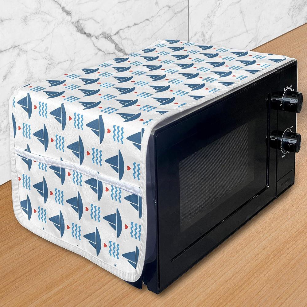 imageAmbesonne Romantic Microwave Oven Cover Geometric Horizontal Oval Rows Drawn Along Little Hearts Valentines Water Resistant Organizer with Pockets for Kitchen 36 x 12 Almond Green and WhiteBlue Red White