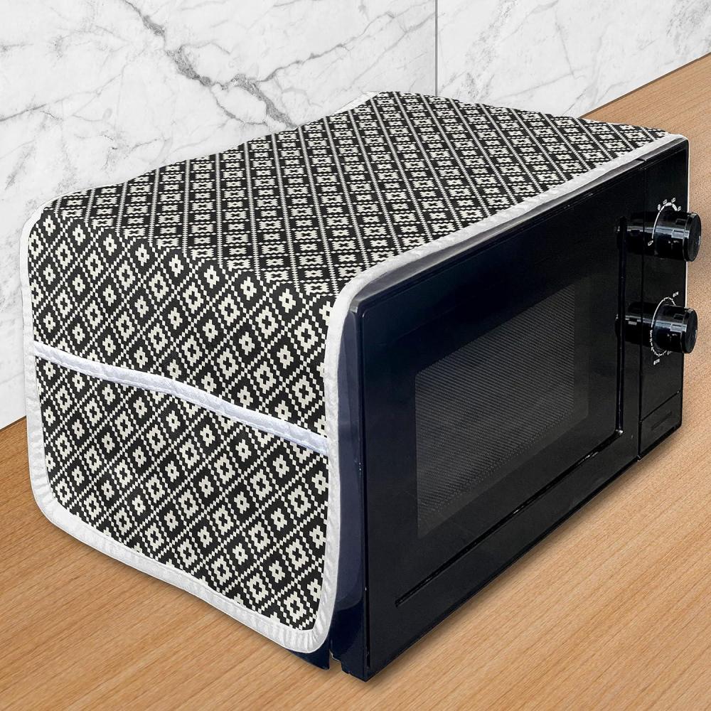 imageAmbesonne Romantic Microwave Oven Cover Geometric Horizontal Oval Rows Drawn Along Little Hearts Valentines Water Resistant Organizer with Pockets for Kitchen 36 x 12 Almond Green and WhiteBlack and Eggshell