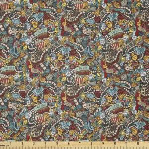 Ambesonne Cartoon Fabric by The Yard, Carousel Horses Playthings Merry Go Round Joyful Circus Amusement Park, Microfiber Fabric for Arts and Crafts Textiles & Decor, 1 Yard, Pale Blue Indigo Pink(Grey Black)