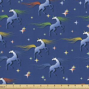 Ambesonne Cartoon Fabric by The Yard, Carousel Horses Playthings Merry Go Round Joyful Circus Amusement Park, Microfiber Fabric for Arts and Crafts Textiles & Decor, 1 Yard, Pale Blue Indigo Pink(Night Dark Blue)