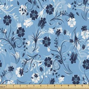 Ambesonne Cartoon Fabric by The Yard, Carousel Horses Playthings Merry Go Round Joyful Circus Amusement Park, Microfiber Fabric for Arts and Crafts Textiles & Decor, 1 Yard, Pale Blue Indigo Pink(Blue White)