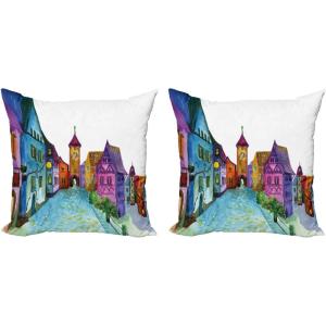 Ambesonne Cartoon Throw Pillow Cushion Cover Pack of 2, European Scenery with Pastel Colors and Road Aged Old Architecture Image Print, Zippered Double-Side Digital Print Decor, 18″, Multicolor(18″ x 18″ (Pack of 2))