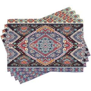 Ambesonne Ethnic Place Mats Set of 4, Vibrant Vintage Framework Bohemian Curvy Ornate Borders Symmetric Cultural Colorful, Washable Fabric Placemats for Dining Table, Standard Size, Black Blue