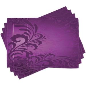 Ambesonne Purple Place Mats Set of 4, Spiral Floral Branch Leaves on The Vertical Border Retro Style Abstract Design, Washable Fabric Placemats for Dining Room Kitchen Table Decor, Purple Plum