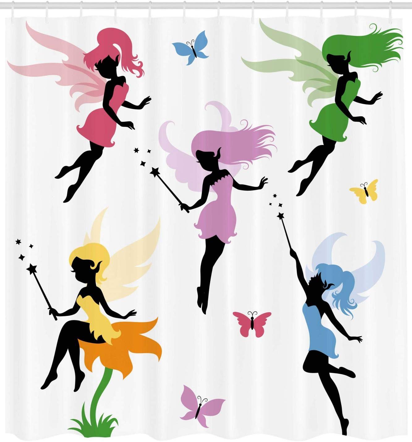 imageAmbesonne Fantasy Shower Curtain Pixie Elf Fairies Flying with Butterflies Girls Cartoon Flowers Design Cloth Fabric Bathroom Decor Set with Hooks 69 W x 70 L White Multicolor